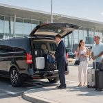 Driver performing an airport transfer is loading luggages in the boot of a minivan. Passengers are beside him smiling.
